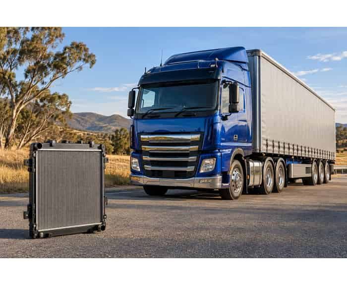 Blue heavy-duty truck with a replacement radiator